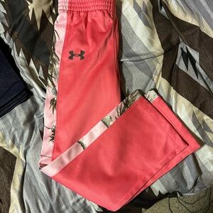 Under Armour Girls Coral Pink Joggers with Palm-Print Side Stripe